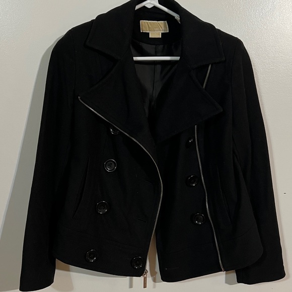 Michael Kors Wool Blend Double Breasted Button/Zip Pea Coat Black Size 8 - Picture 2 of 11